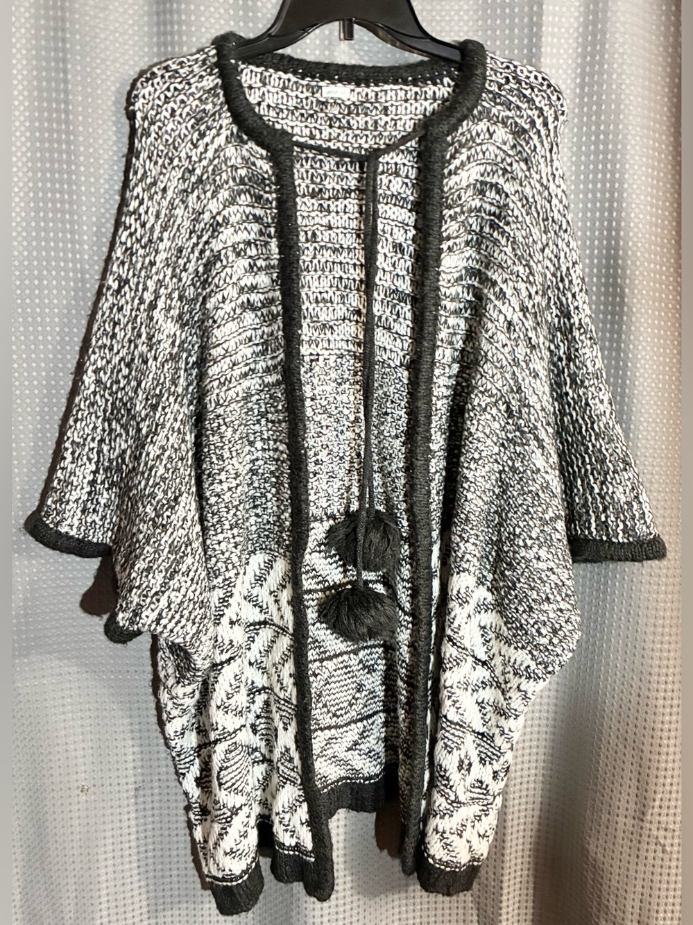 Aerie Black White Knit Poncho Sweater Tassel Ties O/S Boho Hippie Chic Festival